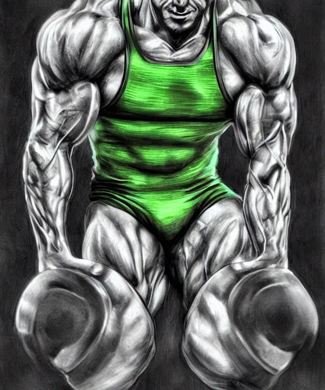 Image similar to muscular luigi wearing a green jumpsuit pumping iron in a dingy gym by ilya kuvshinov, bodybuilder ernest khalimov, super mario bros symmetrical face concept art, hyper realistic, intricate, elegent, highly detailed, digital painting, concept art, smooth, sharp, focus, illustration, art by artgerm and greg rutkowski and alphonse mucha, artstation