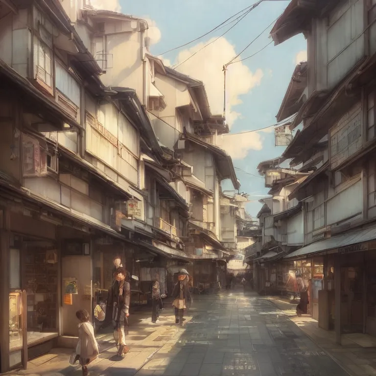 Image similar to walking around ozu city and shimonad station, ehime, japan. volumetric lighting, realistic illustration, perfectly shaded, soft painting, art by krenz cushart and wenjun lin