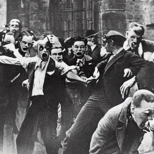 Prompt: a 1 9 3 0 s newspaper photo of a vampire attacking a group of people outside a church