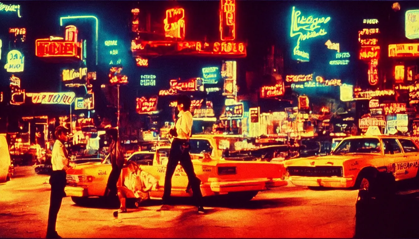 Image similar to 8 0 s polaroid photo, cinema still from movie taxi driver, sleazy man watching night streets, neon signs, colorful haze, americana, high production value, 8 k resolution, hyperrealistic, photorealistic, high definition, high details, tehnicolor, award - winning photography, masterpiece, amazing colors