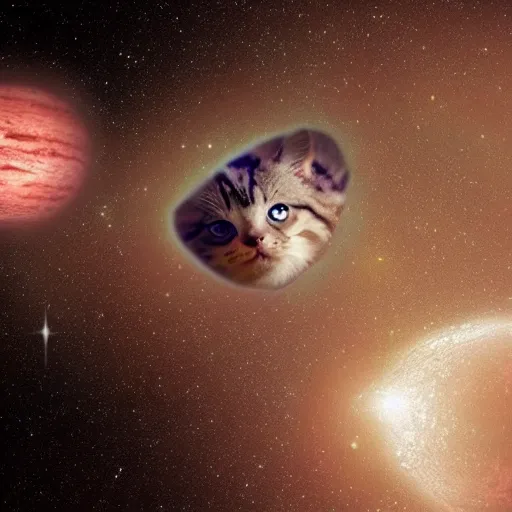 Prompt: spaceships that look like cute cats, in the dark space