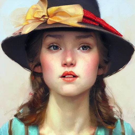 Image similar to A portrait of a sincere-looking girl, oil on canvas, wearing a hat made by wires ,masterpiece, hi-fructose, artgerm , Norman rockwell, craig mullins, n, trending on pxiv, highly detailed face, clear eyes concept art, hdri, 4k-