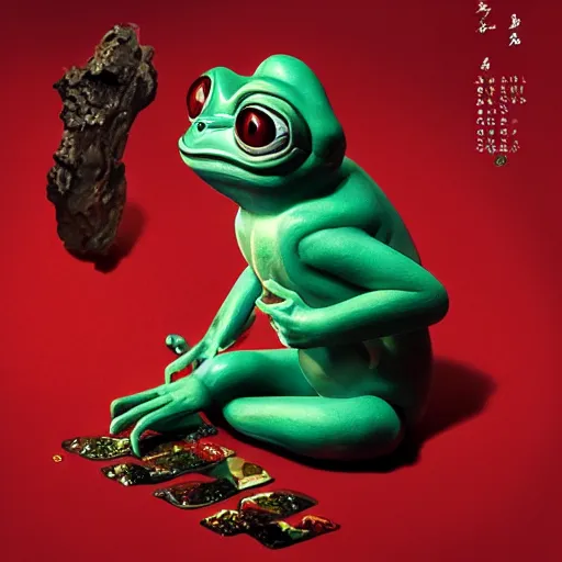 Prompt: plasticine wet shiny angle, crystal, moonlit, mirrors, camera angled dramatically, realistic hyperdetailed design of pepe the frog, ferocious, chinese mythology, victo nga, fumo yoshitoshi, ren jing jeong, feifei ruan, peter mohrbacher, takato yamamoto