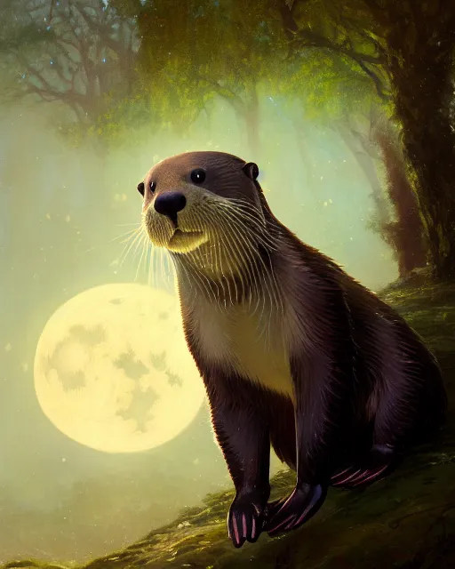 Prompt: a portrait of beautiful anthropomorphic otter fursona, d & d, fantasy, mist, full moon in background, trees, hyper detailed,, midium shot, an oil painting by ruan jia, trending on artstation, concept art, sharp focus, illustration, gaston bussiere, craig mullins, j. c. leyendecker, beautiful lighting