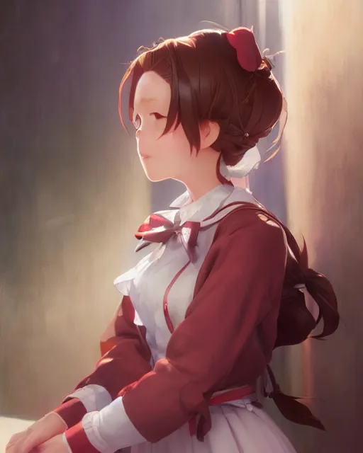 Image similar to young girl in maid uniform by Stanley Artgerm Lau, WLOP, Rossdraws, James Jean, Andrei Riabovitchev, Marc Simonetti, and kyoani, krenz cushart, pixiv