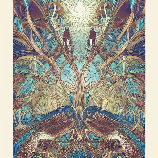 Image similar to excited birds life fantasycore landscape, precise and intricate linework, art nouveau cosmic 4 k detailed matte illustration featured on cgsociety, cgsociety, ivory and firebrick color scheme, pastiche by maurice esteve, pastiche by peter wells