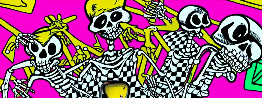 Image similar to ska skeleton and girlfriend, graffiti art, 80s checkerboard 666, digital art, chalk, ultra detailed by Tara McPherson and Gary Houston