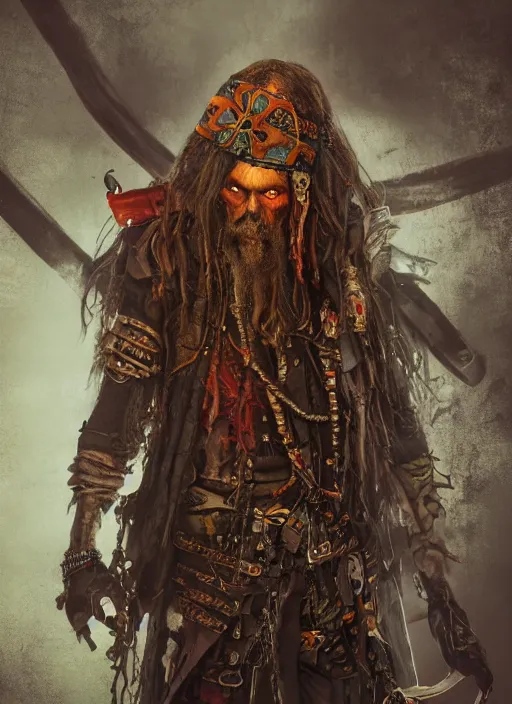 Image similar to detailed full body concept art, illustration matte painting, Rob Zombie as a pirate in full intricate colorful clothing, ultra detailed, digital art, octane render, 4K, dystopian, micro details