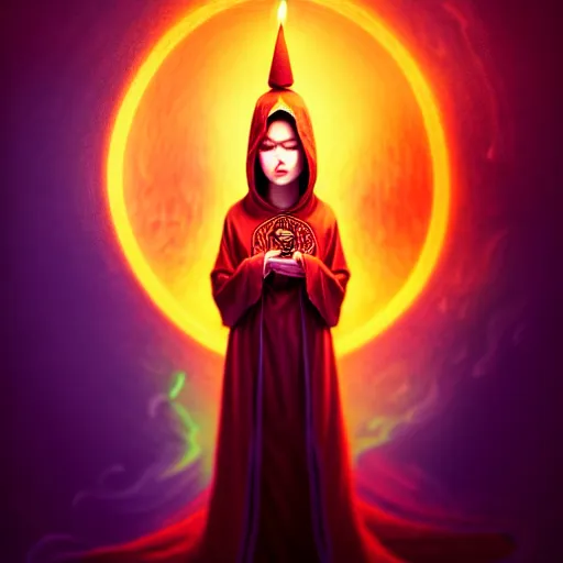 Image similar to ( a priestess with a hood that covers half her face carries an incense burner that emits a pleasantly colored flame. ) by anato finnstark, dream, full body portrait, dynamic lighting, beautiful, trending on artstation, wallpaper, 4 k, award winning, digital art, very detailed faces