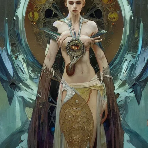 Prompt: an oil painting of a beautiful alien priestess by Greg Rutkowski, Alphonse Mucha and WLOP. Epic fantasy art. Intricate details. Sharp features.
