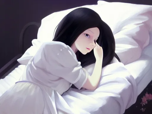 Image similar to weary little girl with an long black hair dressed in a simple white dress sitting in bed, anime art style, digital art ilya kuvshinov, inspired by balthus, hd, 4 k, hyper detailed, dark, anatomically correct, angelic face