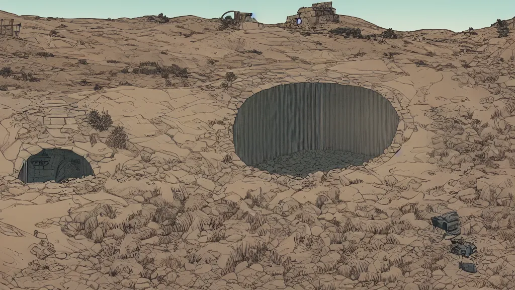 Image similar to very detailed, prophet graphic novel, ilya kuvshinov, mcbess, rutkowski, simon roy, illustration of a plateau with a large bunker door built into the side, wide shot, colorful, deep shadows, astrophotography