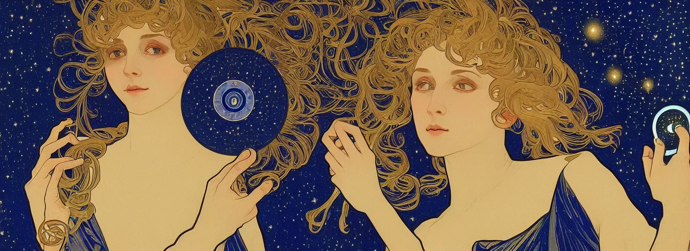 Image similar to night, awardwinning portrait photography, inspired by alphonse mucha, symmetrical cloaked figure face, background with ultramarine blue and gold astronomical star constellations and watch gears, moon and candle