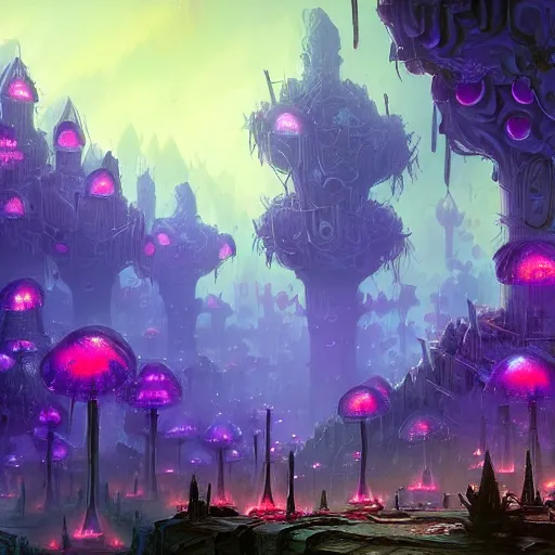 Image similar to concept art detailed painting of a dark purple fantasy fairytale fungal city made of mushrooms, with glowing blue lights, in the style of jordan grimmer and neil blevins and wayne barlowe