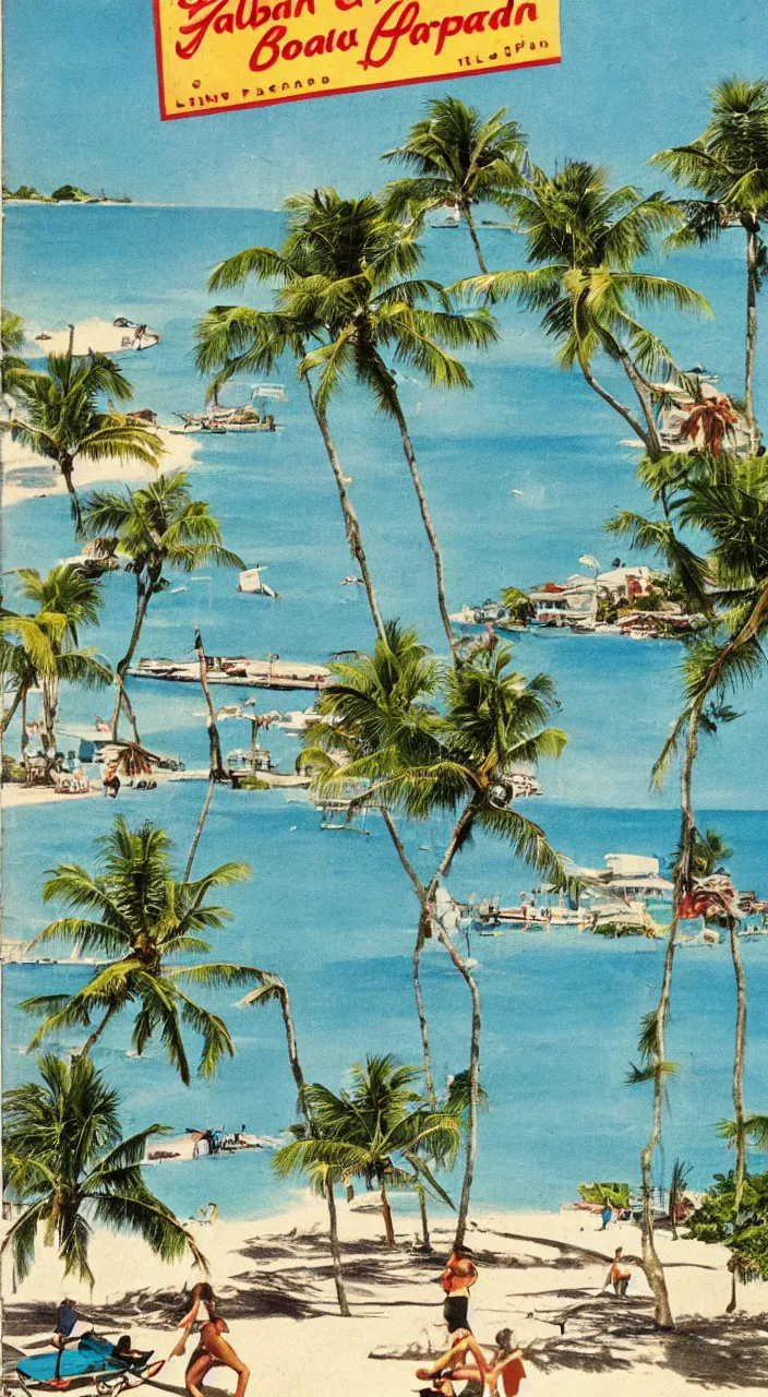 Image similar to a 1950s vacation pamphlet about a Caribbean beach,