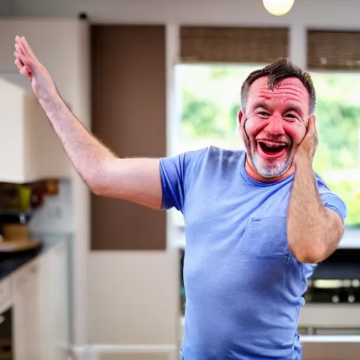 Image similar to a happy english irish middle aged man with brown moptop hair and red cheeks is wearing a blue tshirt and shorts. he dances with his arms excitedly like a chicken in his kitchen