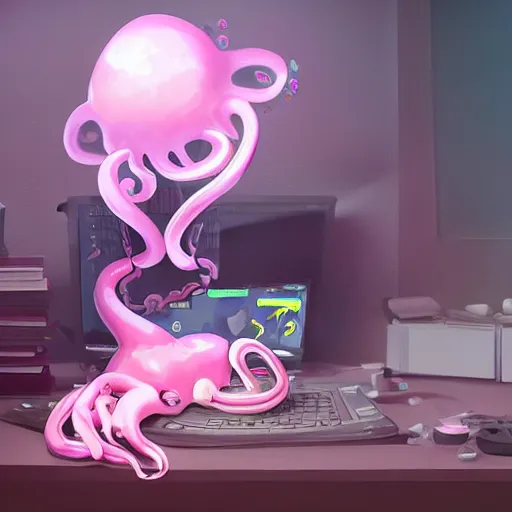 Image similar to a cute pink octopus playing videogames, digital art, trending on artstation, cgsociety, octane render, RPG portrait, dynamic lighting, hyperrealistic