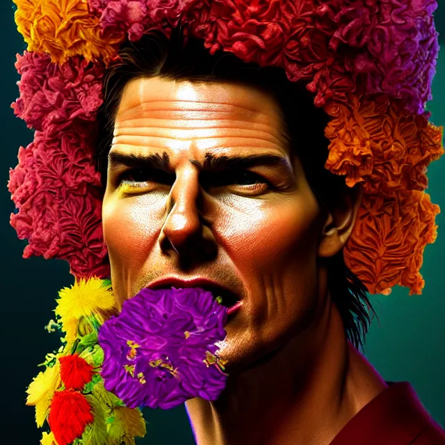 Prompt: bizarre surreal renaissance portrait of tom cruise with a a flower afro made out of various flowers, dramatic cinematic lighting, bold colors, 8 k, beautiful intricate painting, hyper realistic, octane render