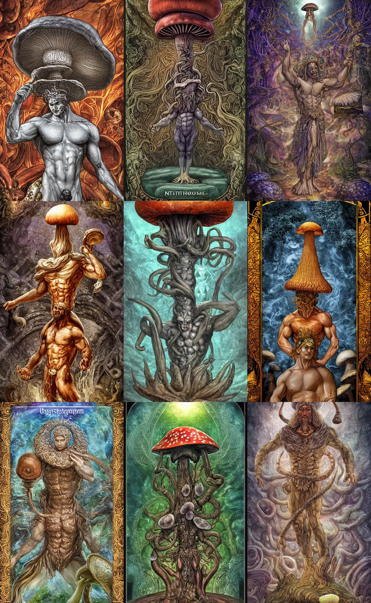 Prompt: a hyperdetailed dnd tarot card design, magnificent shrigma the mushroom deity as depicted in a colossal marble statue ( with godlike bodybuilder physique ) left by ancient greeks, hd tarot card depicting eldritch statue of a mushroom god with cute large mushroom hat, hdr, 8 k, dslr, surreal photo, artstation