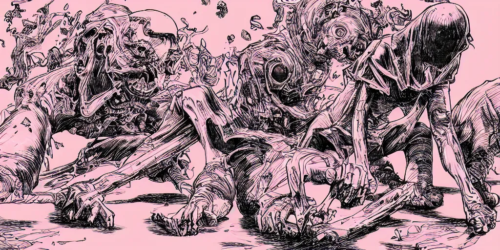 Prompt: Pink Guy crawling drawn by Kentaro Miura, manga, hyper detailed, maximalist, 8k, High Definition