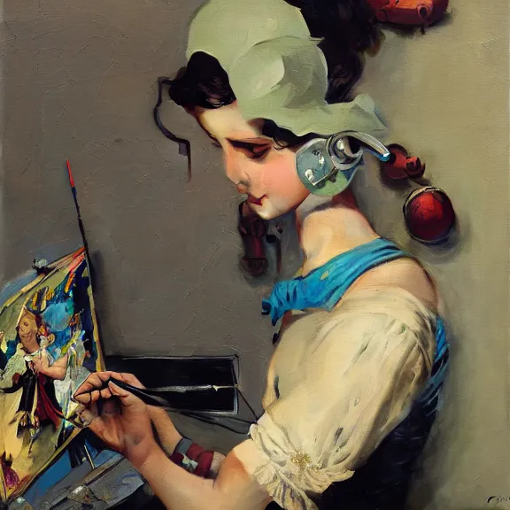 Image similar to robot artist painting a self - portrait on a canvas. intricate, highly detailed, photorealistic, film still, by gil elvgren, sachin teng, carl spitzweg, hans thoma, alexandros pyromallis.