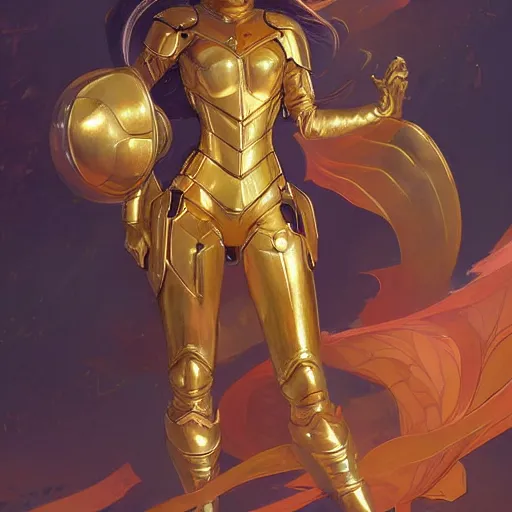 Prompt: a woman wearing a golden armor, full-body shot, digital painting, smooth, elegant, hd, art by WLOP and Artgerm and Greg Rutkowski and Alphonse Mucha