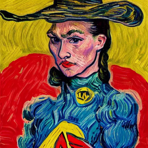 Image similar to Portrait painting of modern Vincent Van Gogh but in a Wonder Woman costume cosplaying as Gal Godot Wonder Woman Superhero by Claude Monet, original Post Impressionist art