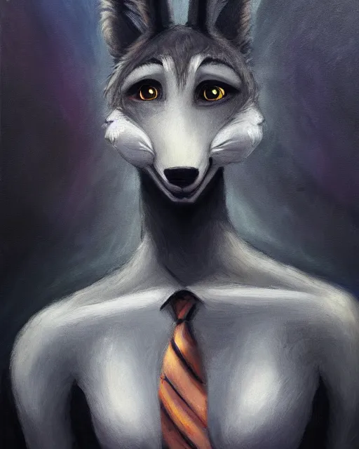 Image similar to dark oil painting of anthromorphic female wolf, in style of zootopia, zootopia, zootopia, fursona, furry, furaffinity, 4 k, deviantart, furry art, fursona art, wearing black business suit, business suit, in style of zootopia, wolf fursona, cyberpunk, female, very very very expressive detailed feminine face,