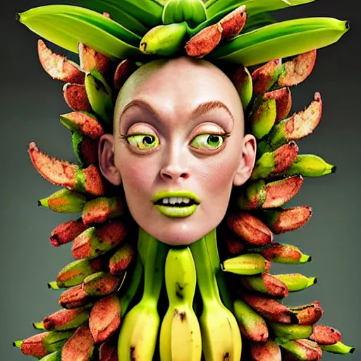 Image similar to banana dryad editorial 2 0 0 mm, megan fox editorial by malczewski and arcimboldo, banana dryad character sculpture by arcimboldo, stil frame from'cloudy with a chance of meatballs 2'( 2 0 1 3 ) of banana dryad, banana hybrid megan fox editorial by alexander mcqueen and arcimboldo