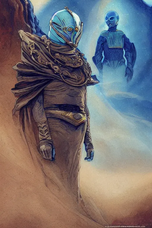 Image similar to dune themed majestic paul atreides glowing blue eyed fremen warrior, desert breathing armor, graffiti, street art sketch by sachin teng, moebius, artgerm, michael cheval, esao andrews, francois boucher, masterpiece, intricate organic painting, matte painting, hard edges, highly detailed, cinematic lighting character art movie poster by drew struzan