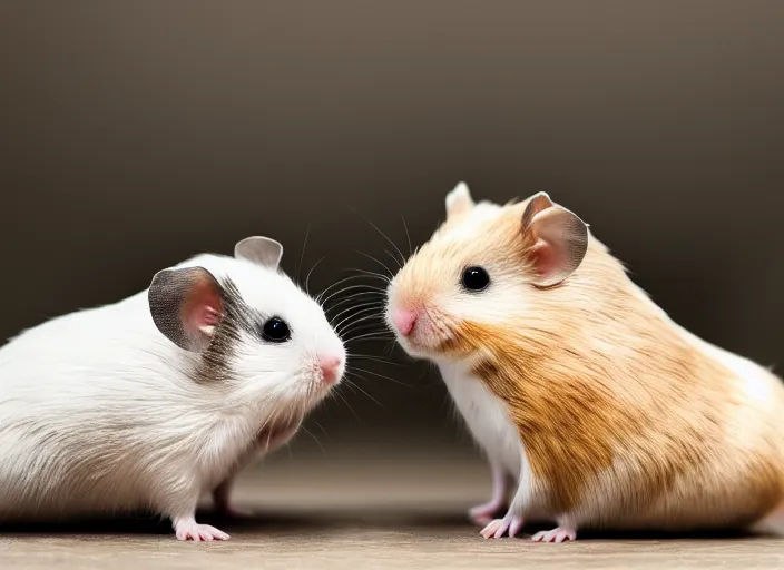 Prompt: photo of a two hamsters and their babies, cinematic color grading, various poses, soft light, faded colors, well framed, sharp focus, 8 k