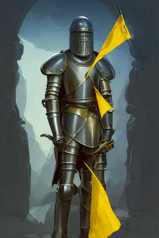 Prompt: medieval knight modern technology, blue and yellow flags, realistic portrait full body, symmetrical, highly detailed, digital painting, artstation, concept art, smooth, sharp focus, illustration, cinematic lighting, art by artgerm and greg rutkowski and alphonse mucha