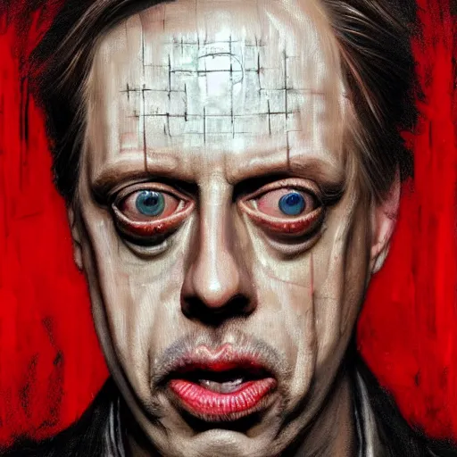 Image similar to hyperrealistic mixed media high resolution painting of Steve Buscemi !!Hellraiser!!, stunning 3d render inspired art by Jamie Salmon and István Sándorfi and Greg Rutkowski, perfect facial symmetry, dim volumetric lighting, 8k octane beautifully detailed render, full body shot, post-processing, extremely hyper-detailed, intricate, epic composition, highly detailed attributes, highly detailed atmosphere, cinematic lighting, masterpiece, trending on artstation, very very detailed, masterpiece, stunning, flawless completion, lifelike texture, perfection,