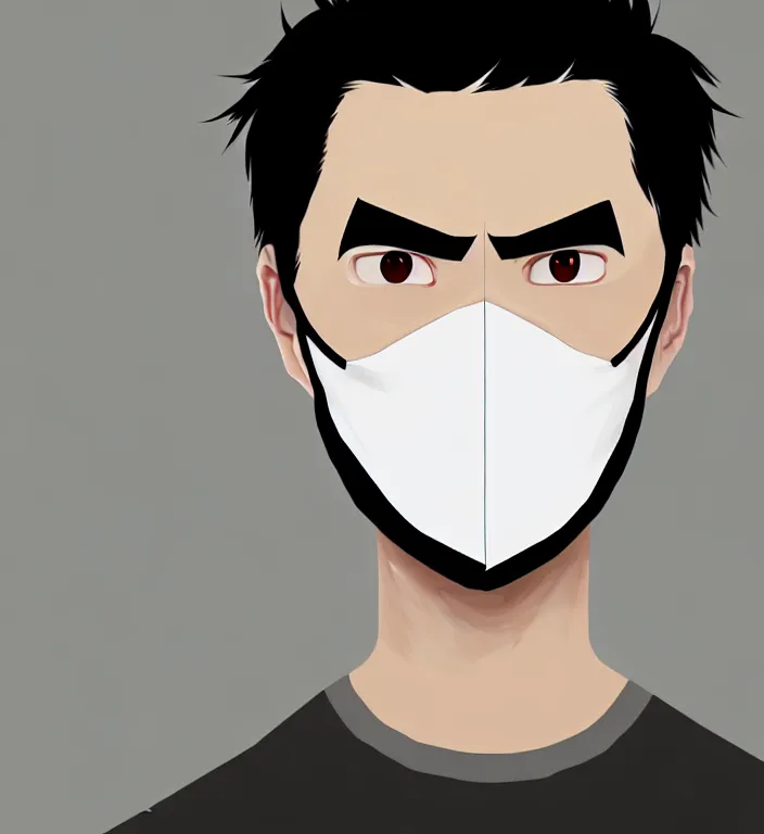 Image similar to white man with black fabric mask, short dark hair, true anatomy!, digital painting, style of hayao miyazaki