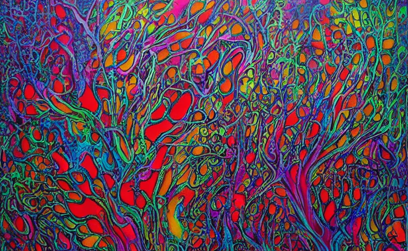 Image similar to psychedelic candy!!!!!!! forest by alexy grey, acrylic painting!!!, intricate details!!!!, fine brush!!!!!!