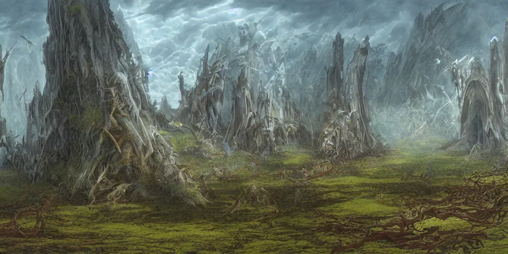 Image similar to Artwork by John Howe of the cinematic view of Hunting Grounds of the Unspeakable