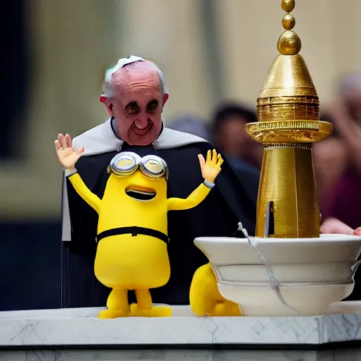 Image similar to pope francis baptizing a minion in a buddhist pagoda nuclear power plant