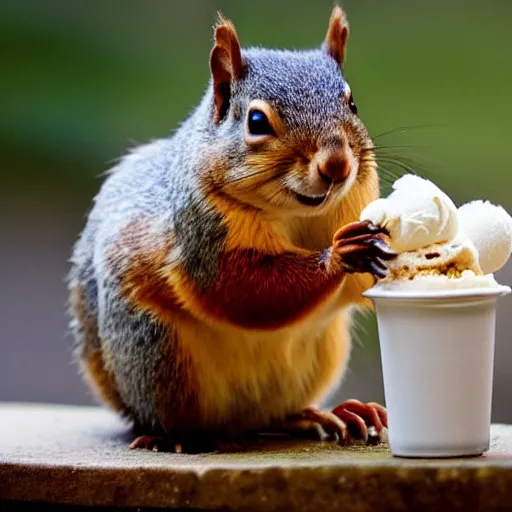 Image similar to A fat squirrel eating icecream