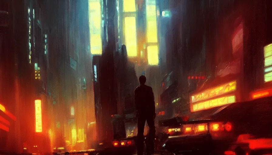 Image similar to blade runner, cinematic shot, oil painting by jama jurabaev, extremely detailed, brush hard, artstation, for aaa game, high quality, brush stroke