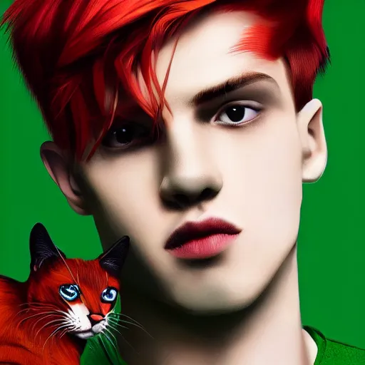 Image similar to digital art of a stylish young man with red hair and green cat - like eyes, popular, famous, attractive, high quality, highly detailed, hd, 4 k, 8 k,