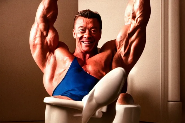 Image similar to hyperrealistic muscular Jean Claude Vandamme doing the splits, spread eagle between two chairs over a toilet, golden hour, smiling, award winning