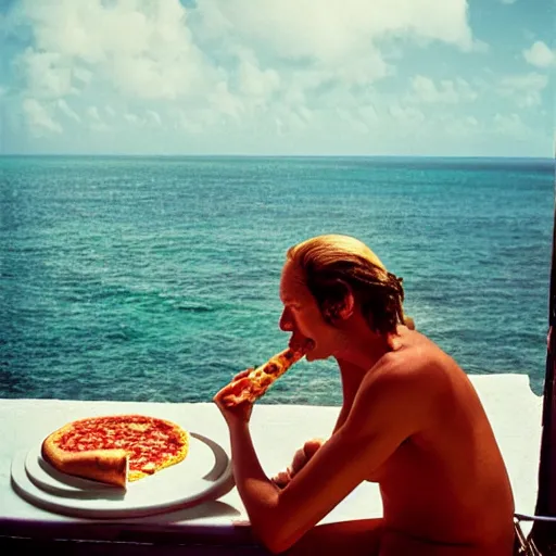Prompt: Eating a pizza on the balcony watching the Caribbean Sea, photo made by Slim Aarons, award winning,