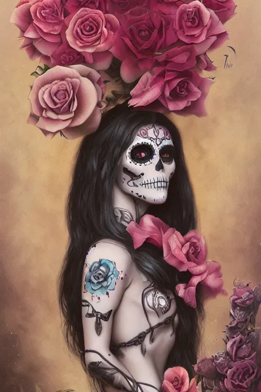 Image similar to illustration of a sugar skull day of the dead girl, art by tom bagshaw