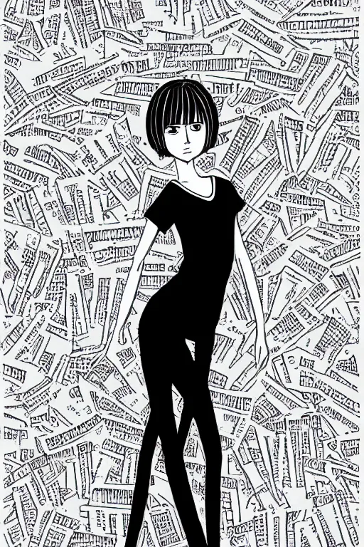 Image similar to portrait of a girl in long pants and a top, hands in pockets, eyes closed, bob haircut, digital art, black and white, illustration by junji ito