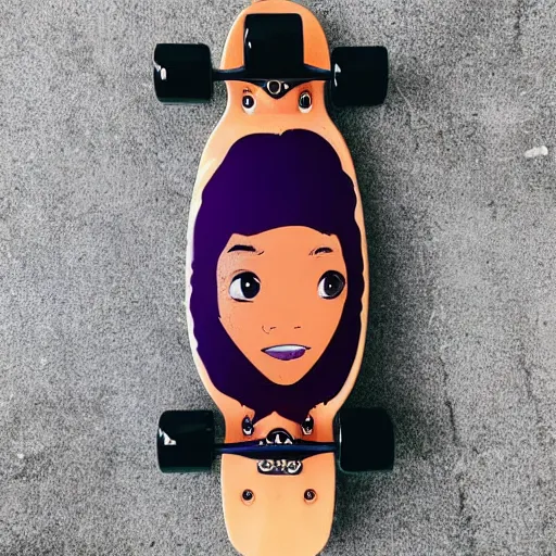 Prompt: black woman with purple dreads longboarding in space in the style of ghibli