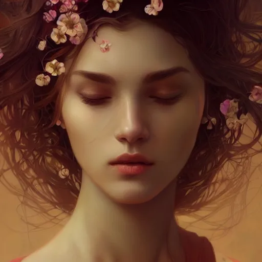 Image similar to A gorgeous young woman plant hybrid, vine and plants and flowers, intricate, digital painting, highly detailed, concept art, Artstation, Cgsociety, Artgerm, Alphonse Mucha, Wlop, cinematic lighting, sharp focus