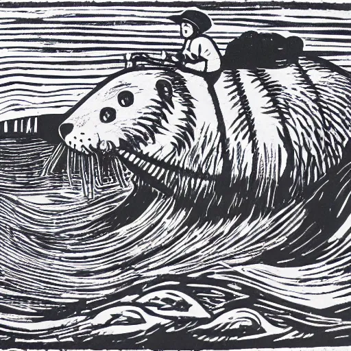 Image similar to a sea otter rancher riding on horseback, linocut print