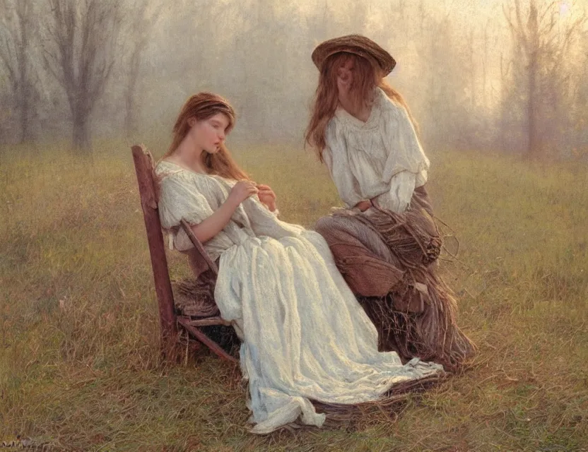 Image similar to peasant girl yarn knitting, cottage core, cinematic focus, polaroid photo bleached vintage pastel colors high - key lighting, soft lights, foggy, by steve hanks, by lisa yuskavage, by serov valentin, by tarkovsky, 8 k render, detailed, oil on canvas