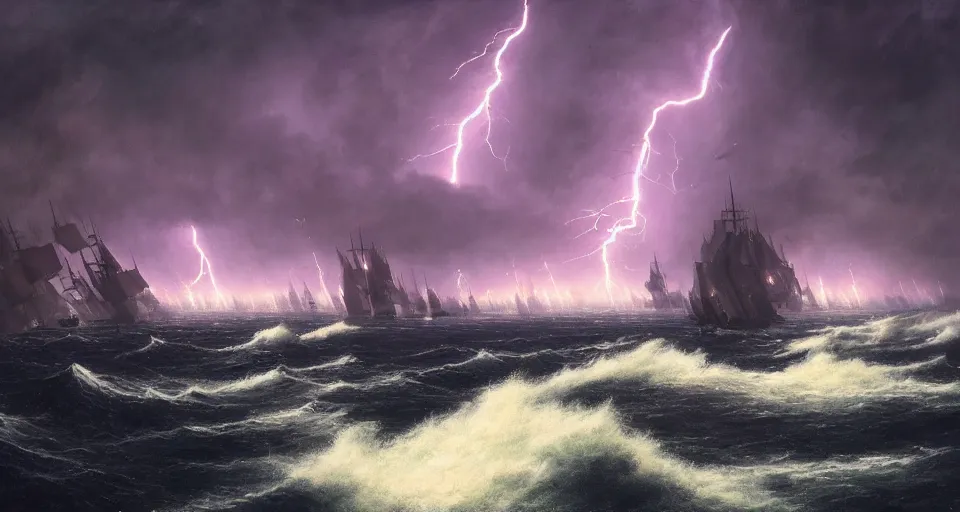 Prompt: fleet of giant sailing battleships, raging sea purple lightningstorm, dramatic, action scene, lightningstorm background, shipfleet on the horizon, high detail, greg rutkowski, james gurney, gene wolfe, gustave dore, jesper ejsing, rhads, makoto shinkai, ilya kuvshinov