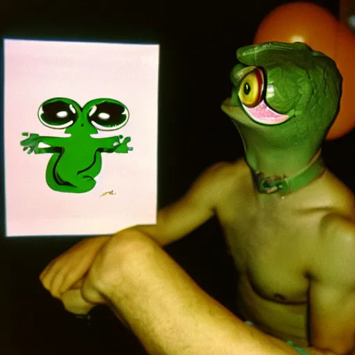 Image similar to photo of pepe the frog as buff man cinestill, 800t, 35mm, full-HD